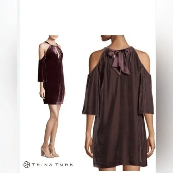 Trina Turk Burgandy Wine Silk Velvet Cold Shoulder Cocktail Shift Dress Size 6 - Picture 1 of 8